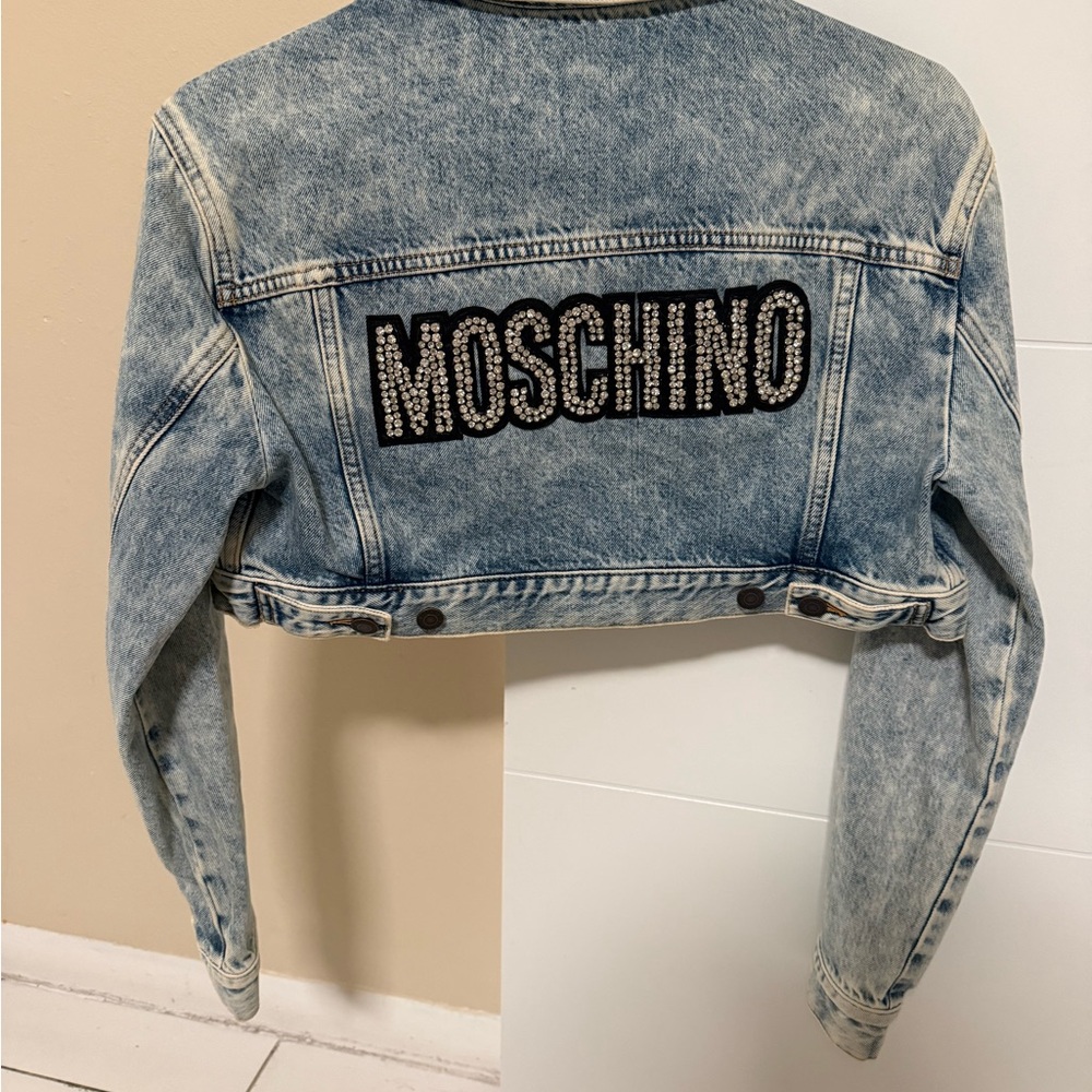 Moschino Light Blue Denim cropped Jacket with Crystal Logo